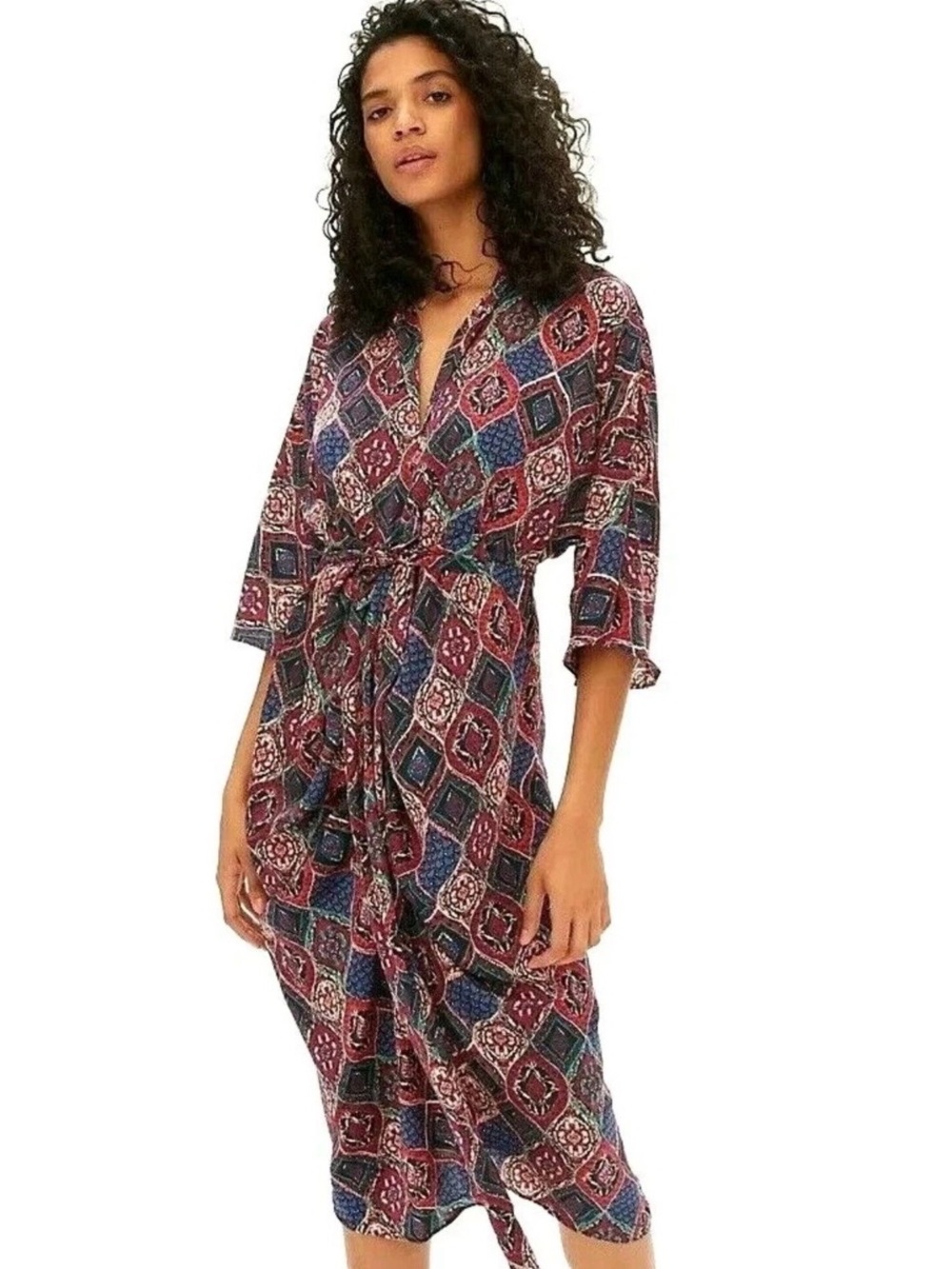 Anthropologie Faux Wrap Kimono Sleeve Midi Dress Boho Print